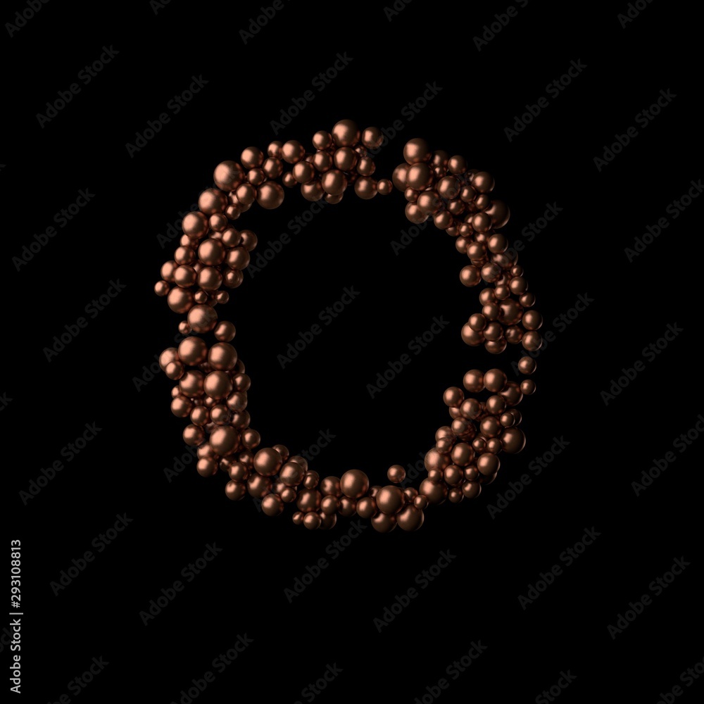 Abstract bronze letter O made of tiny spheres on black background.3D rendering. Fancy alphabet Abstract bronze letter O made of tiny spheres on black background.3D rendering. Fancy alphabet