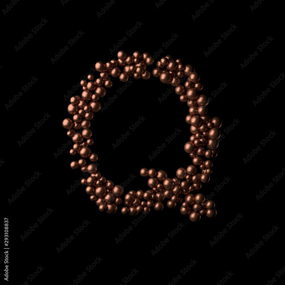 Abstract bronze letter Q made of tiny spheres on black background.3D rendering. Fancy alphabet Abstract bronze letter Q made of tiny spheres on black background.3D rendering. Fancy alphabet