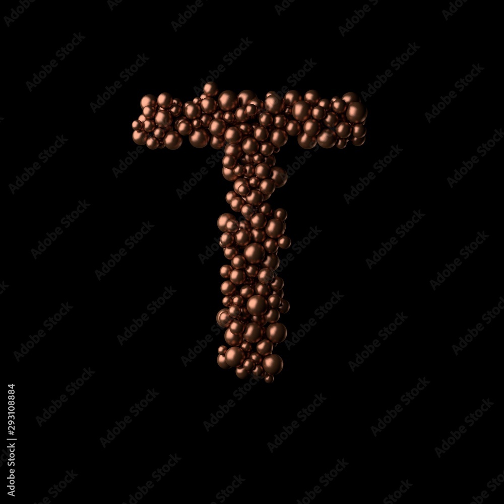 Abstract bronze letter T made of tiny spheres on black background.3D rendering. Fancy alphabet Abstract bronze letter T made of tiny spheres on black background.3D rendering. Fancy alphabet
