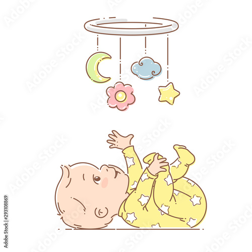 Little baby boy, girl play with hanging mobile toy