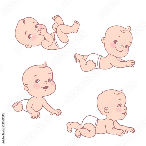 Set with smiling little baby boy or girl in diaper.
