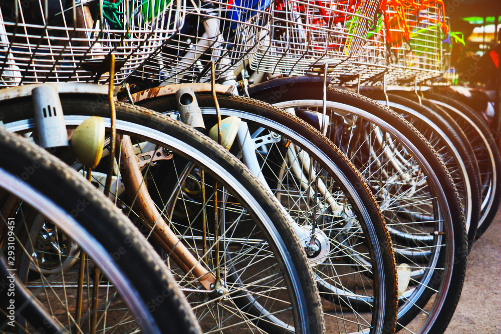 Row bicycle for rent.Detail of wheel Bicycle in line. Row bicycle for rent.Detail of wheel Bicycle in line.