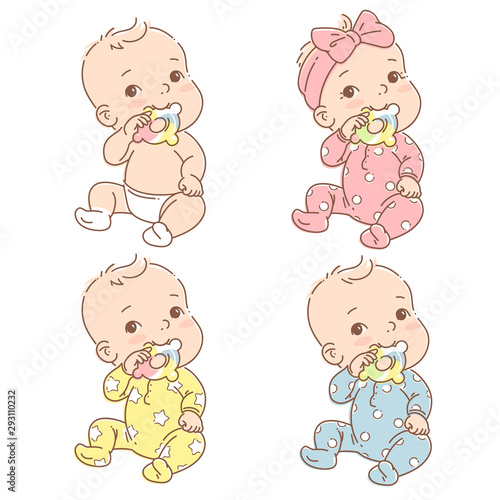 Set with little baby boy, girl in diaper or pajamas hold teething ring . © Natalia Zelenina