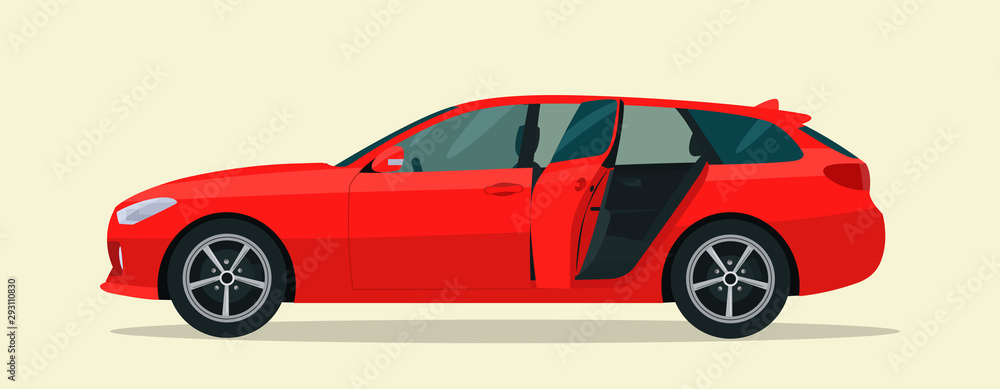 Naklejka premium Red station wagon car with open back door isolated, side view. Vector flat style illustration.