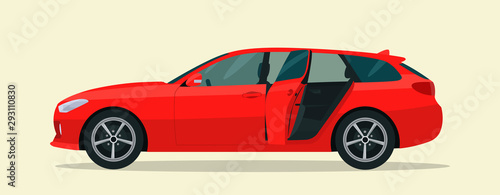 Red station wagon car with open back door isolated, side view. Vector flat style illustration.