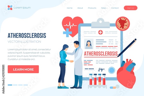 Medical diagnosis - Atherosclerosis. Doctor taking care of patient. Heart attack. Blood vessel section with fatty deposit accumulation. High Cholesterol Blood Pressure. Thrombus in vessel. Vector.