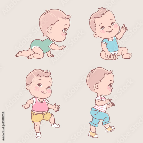 Baby boy in clothes. Cute active little boy crawling, sitting,standing, walking.