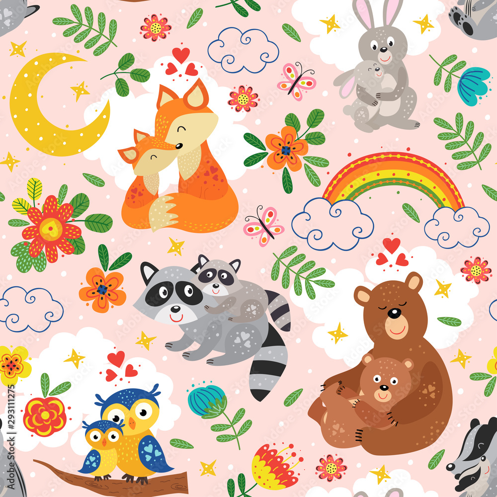 Obraz premium seamless pattern with cute animals mother and baby on pink background- vector illustration, eps 