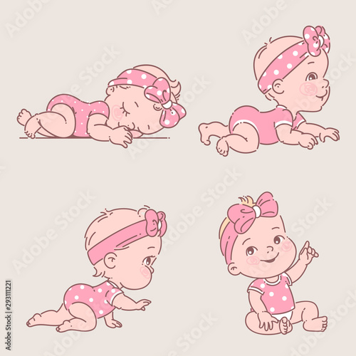 Baby girl in clothes. Cute active little girl sleep, sit, learn to crawl.