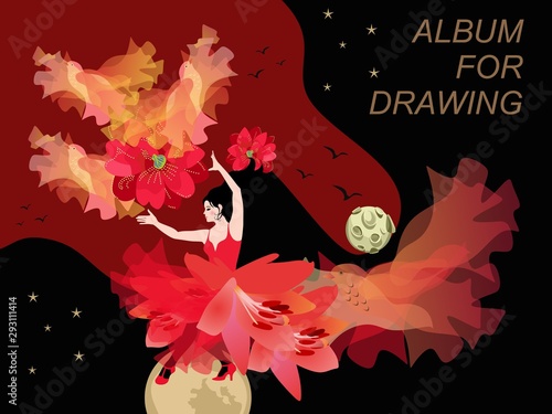 Cover for album for drawing. Flamenco dancer dancing with sun in shape of clematis flower, sun's rays are like flying firebirds. Her fluttering black hair forms the night sky with stars.