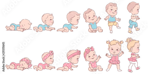Baby girl and boy in row. Set of child health and development icons in line.