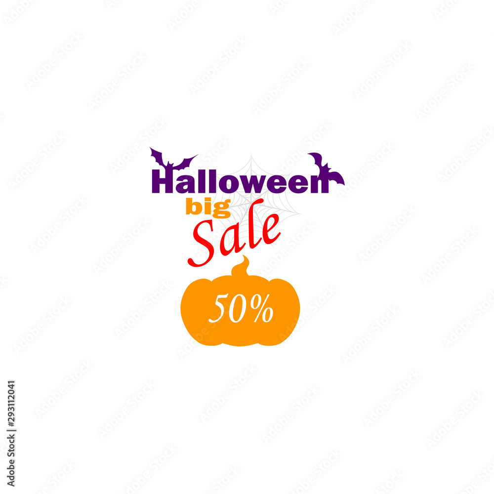 Happy halloween day, vector logo. Stylish mock up flat design Halloween sale discounts. Pumpkin Jack - Traditional Halloween Symbol. Big sale up to 50% Happy halloween day, vector logo. Stylish mock up flat design Halloween sale discounts. Pumpkin Jack - Traditional Halloween Symbol. Big sale up to 50%