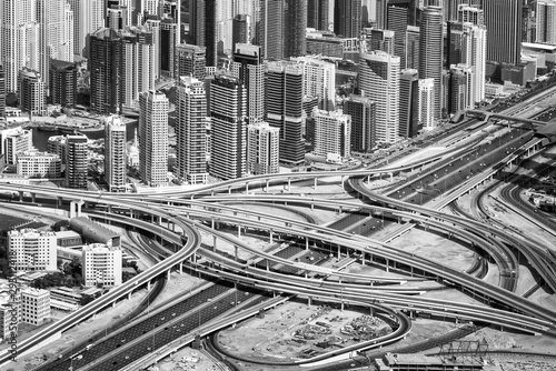 Aerial view of Sheikh Zayed road highway interchange and buildings in Dubai, United Arab Emirates