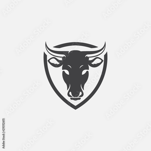 cow head with shield logo design vector, cow shield emblem, long horned head illustration, farming logo
