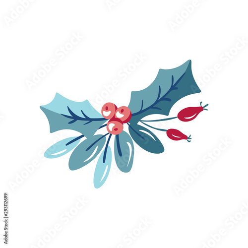 Christmas vector floral bouquet with berries and fir branches with place for text. Isolated xmas illustration for winter greeting card design, divider