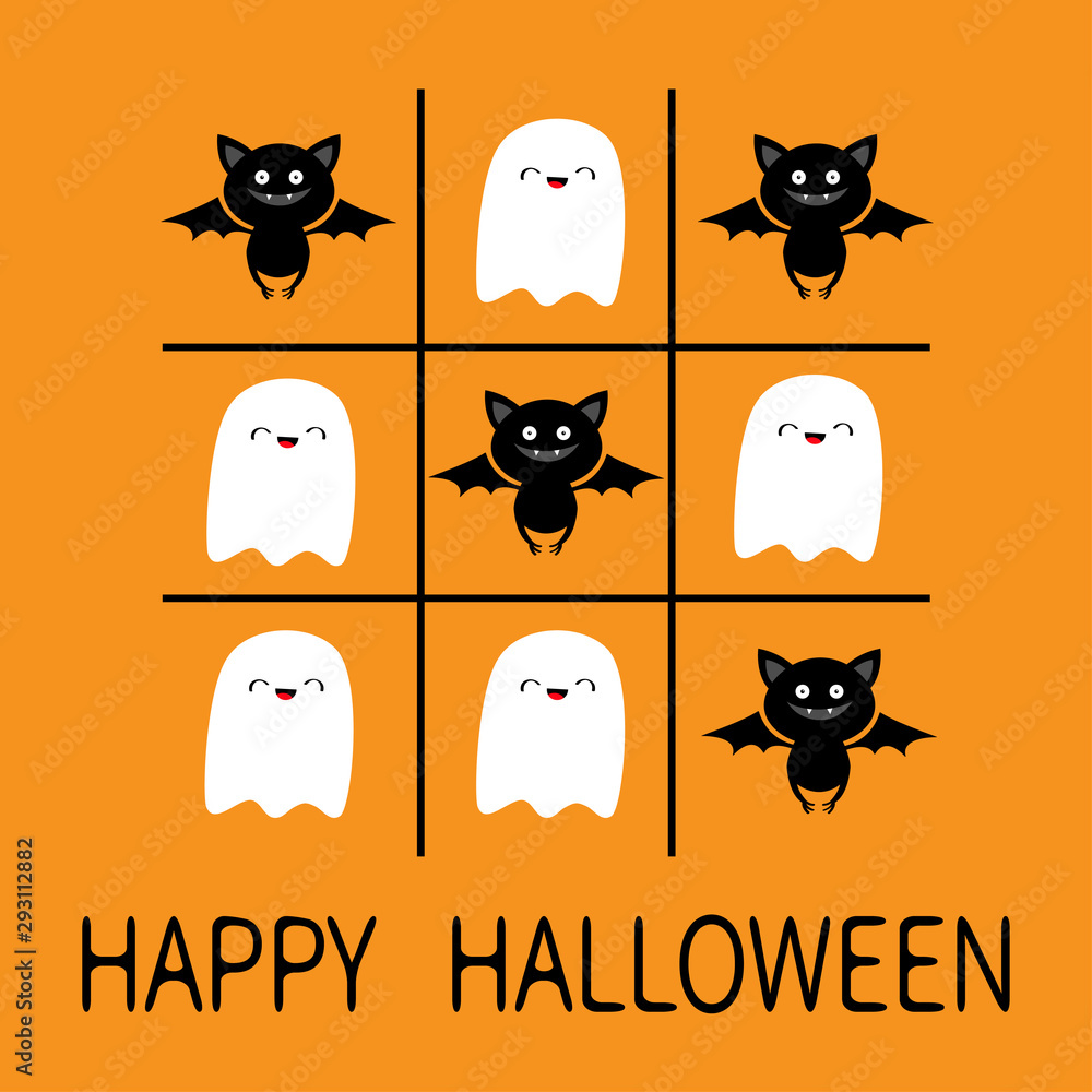 Tic tac toe game with ghost spirit and bat. Happy Halloween. Cute cartoon  kawaii funny character set. Greeting card. Flat design. Orange background.  Isolated. Stock Vector | Adobe Stock