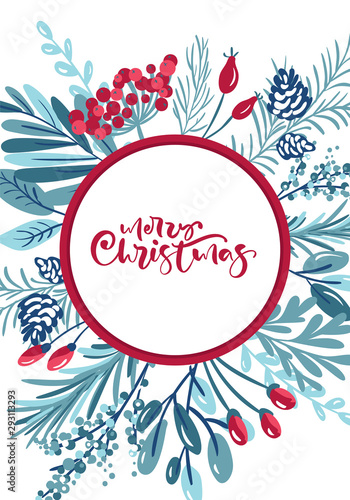 Merry Christmas calligraphic lettering hand written text. Greeting card design with floral and berries xmas elements. Modern winter season postcard, brochure, wall art design