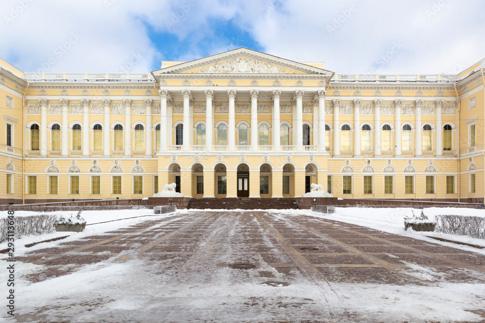 Building's facade State Russian Museum on Square of Arts in winter, St Petersburg, Russia.