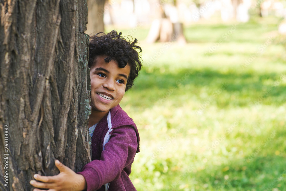African American boy preschooler with curly hair walks in the park African American boy preschooler with curly hair walks in the park