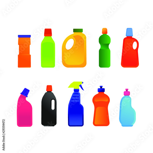 Plastic bottles of cleaning products. Household chemicals and cleaning supplies for kitchen, bath, toilet, floor and washing. Set  of equipment housekeeping. Vector flat objects.