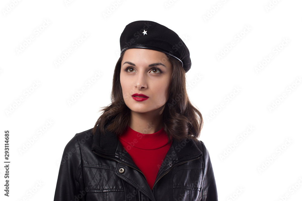 Young woman black jacket, red sweater and hat with a reference to Ernesto  Che Guevara on a white background. Stock Photo | Adobe Stock
