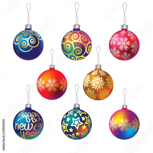 set of Christmas balls with gold and silver patterns. eight pieces. realistic image.  vector illustration. EPS 10.