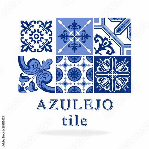Azulejo blue tile vector set. Traditional Portuguese, Moroccan, Spanish ornament.