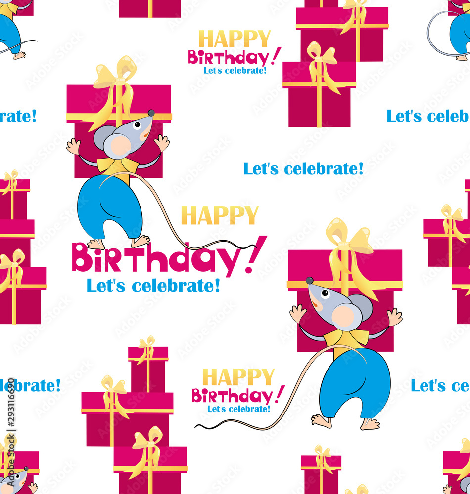 Happy Birthday Cartoon rat with a gift Seamless pattern Cute mouse Happy Birthday Cartoon rat with a gift Seamless pattern Cute mouse