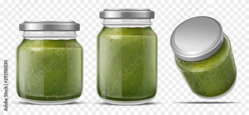 Pesto sauce canned in glass jars with screw metal lid, side, perspective view. Italian cuisine traditional dish home canning, bottling. Food product packaging isolated 3d realistic vector illustration