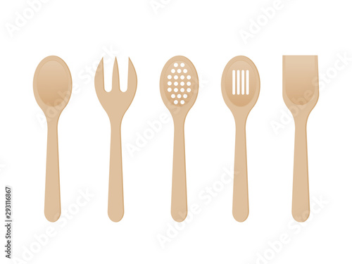 Wooden spoons on white background. Mixing spoon, spatula, fork, strainer. Kitchen utensils made of wood. Kitchen tools set. Cooking concept. Cook equipment. Vector illustration, flat style, clip art. 