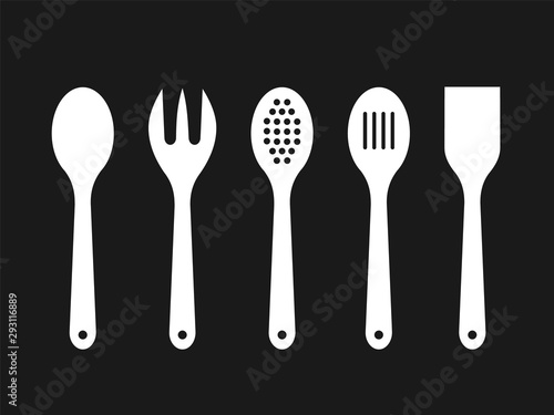 White wooden spoons on black background. Silhouettes of mixing spoon, spatula, fork, strainer. Cooking tools icons. Kitchen utensils made of wood. Kitchen equipment set. Vector illustration, flat. 