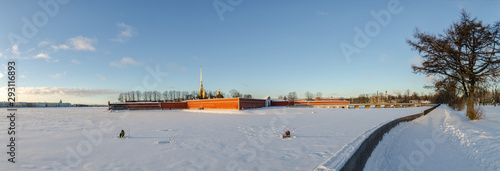 Panorama of frozen Neva near St. Peter and Paul fortress.
