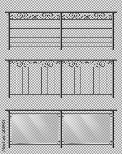 Metal, glass handrail or fencing sections set with forged steel, spiral decorative elements, metallic lattice and plexiglass sheets 3d realistic vector illustrations isolated on transparent background