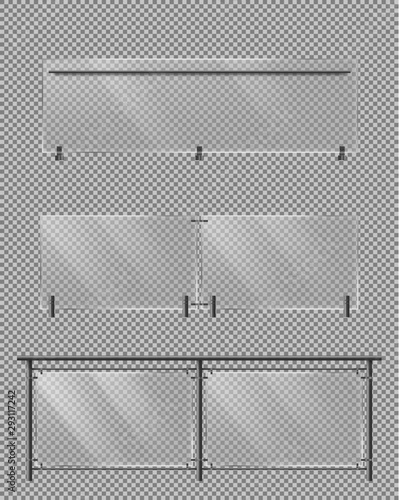 Glass fence sections set with metallic tube handrails and transparent plexiglass sheets for house stairways, building balcony or terrace, roadside fencing isolated 3d realistic vector illustrations
