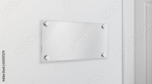 Empty glass name plate bolted to wall near doorway. Poster, banner empty holder, picture transparent frame mock-up. Office, exhibition gallery interior design element 3d realistic vector illustration