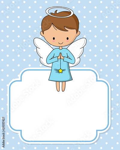 Angel boy with star. Frame with blank space to add text