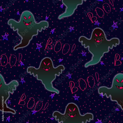 Halloween pattern. Vector seamless background with cute funny spooky ghosts