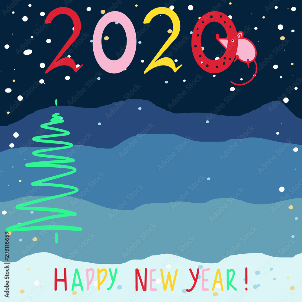 Vector abstract christmas background. Postcard with Christmas fir tree, numeral 2020 and Happy New Year.