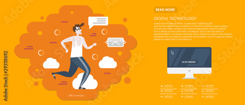 Running businessman in the clouds, solution to problem business concept. Vector illustration flat design