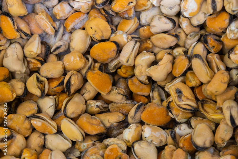 Edible, saltwater mussels, marine molluscs with no shell background, food texture
