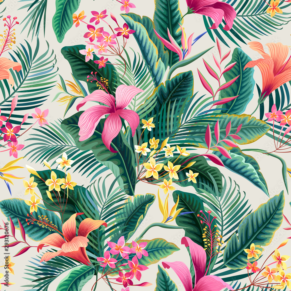 seamless tropical floral pattern with hibiscus and palm leaves