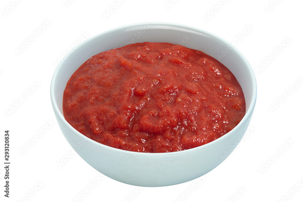 Raw tomato sauce in a white cup isolated on white background Raw tomato sauce in a white cup isolated on white background