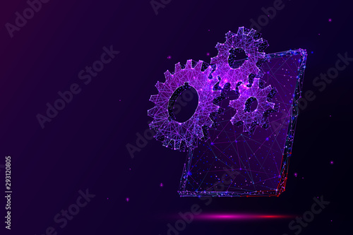Tablet and gears low poly vector illustration. 3d modern portable gadget. Polygonal cogwheels with tablet screen mesh art with connected dots. Modern technologies settings testing concept ..