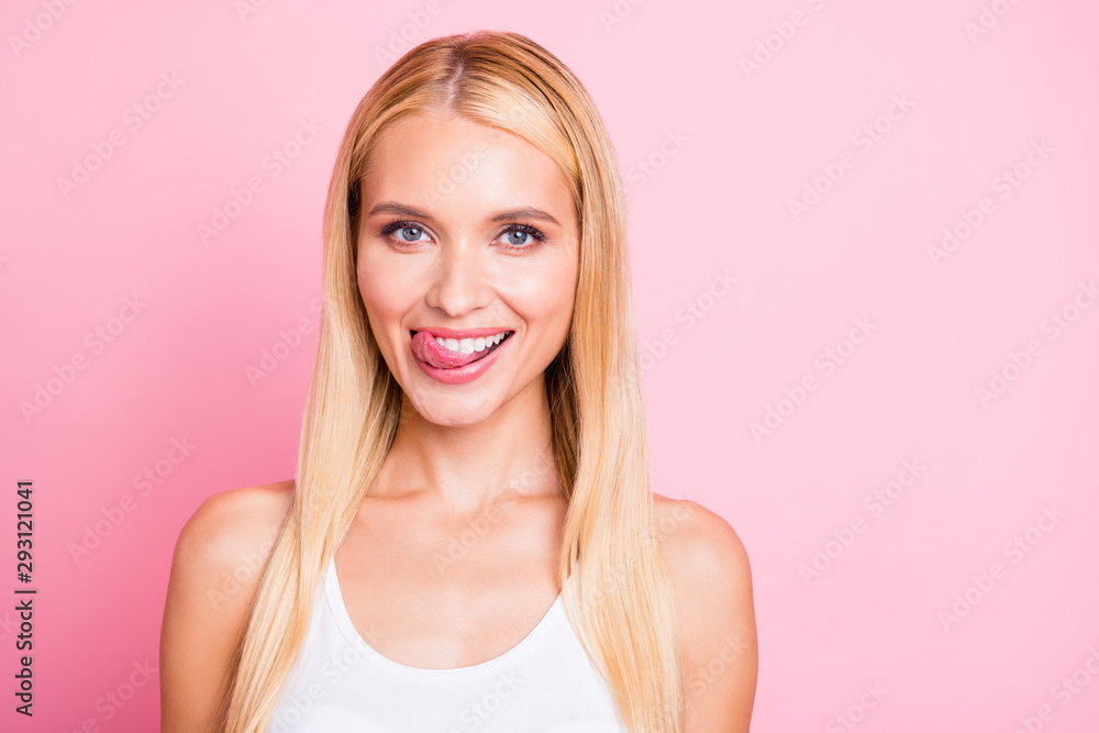 Photo of amazing lady sticking tongue out of mouth see tasty meal licking lips wear white tank-top isolated pink color background Photo of amazing lady sticking tongue out of mouth see tasty meal licking lips wear white tank-top isolated pink color background