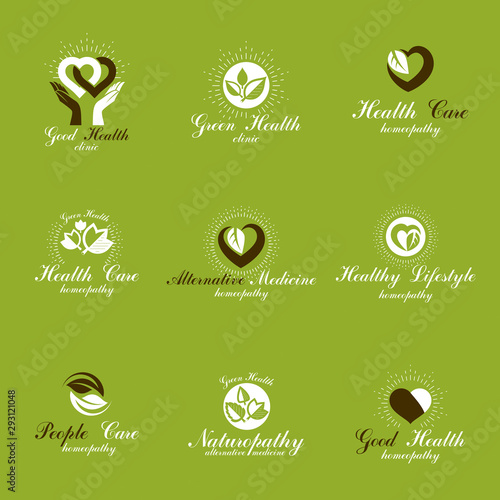 Living in harmony with nature metaphor, set of green health idea logos. Wellness center abstract modern emblems.