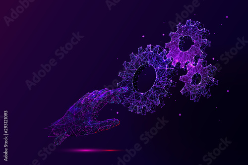 Violet Hand touching cogwheels low poly vector illustration. 3d gears on dark violet background. Polygonal palm with cogs, gears mechanism. Engineering idea, manufacturing symbol mesh art