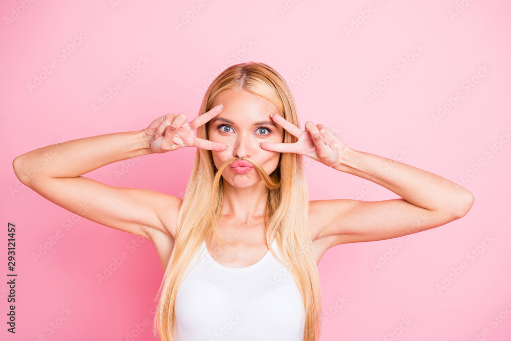 Photo of amazing lady pretending like man making false moustache with curl showing v-sign near eye wear casual isolated pink color background Photo of amazing lady pretending like man making false moustache with curl showing v-sign near eye wear casual isolated pink color background