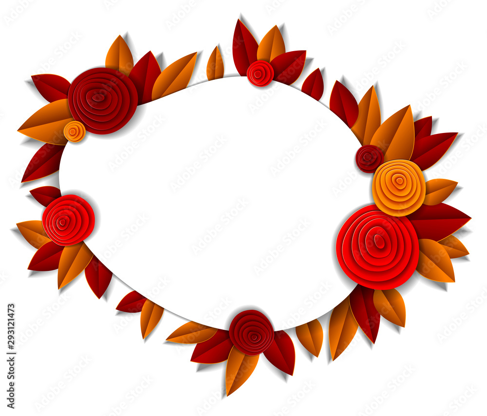Background with flowers and autumn leaves paper cut style, copy space for text, vector fall floral illustration. Wedding invitation or romantic greeting card. Background with flowers and autumn leaves paper cut style, copy space for text, vector fall floral illustration. Wedding invitation or romantic greeting card.