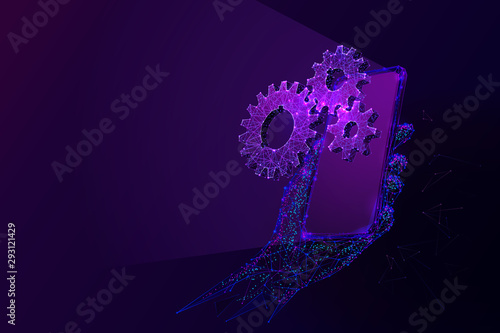 Smartphone and cogs low poly vector illustration. 3d hand holding modern gadget. Polygonal cogwheels near cellphone mesh art with connected dots. Modern technologies settings and adjustments concept