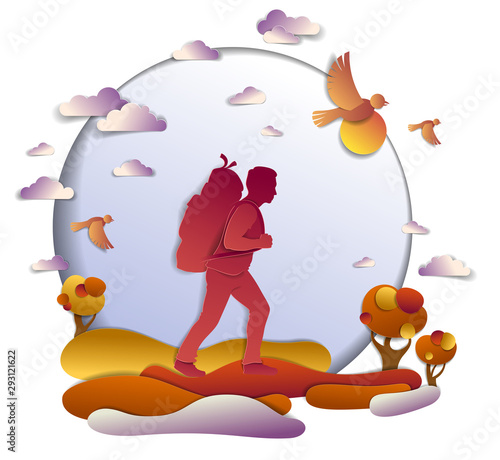 Young active man hiking in autumn to nature with grasslands and trees, vector illustration of beautiful autumnal scenic landscape, birds in the sky, vacation.